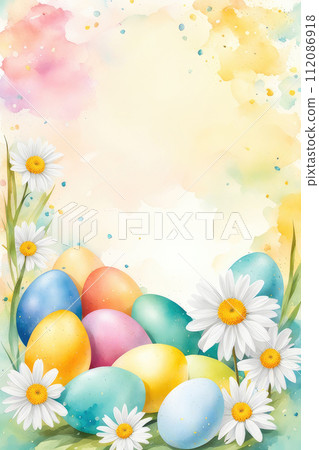 Celebrating Easter, holiday greeting card watercolor mockup with chamomiles and colored eggs. 112086918