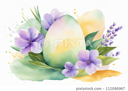 Celebrating Easter, holiday greeting card watercolor with colored eggs. 112086967