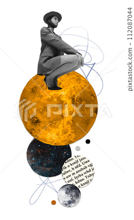 Poster. Contemporary art collage. Young woman dressed fashion outfit in monochrome filter and sitting on huge yellow planet. 112087044