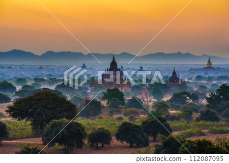 Sunrise over the ancient temples of Bagan in Myanmar Sunrise over the ancient temples of Bagan in Myanmar 112087095