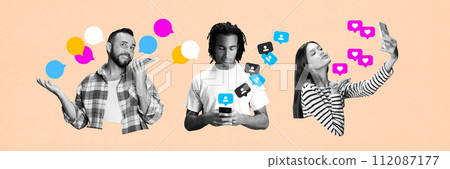 People using gadgets for online communication, growing social media popularity. Contemporary art collage. 112087177