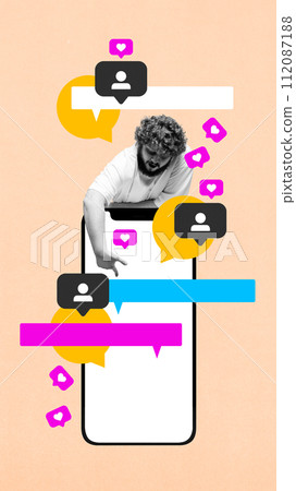 Young guy pointing in giant mobile phone screen with speech bubbles, followers and heart icons. Influencer, blogger. Contemporary art collage. 112087188