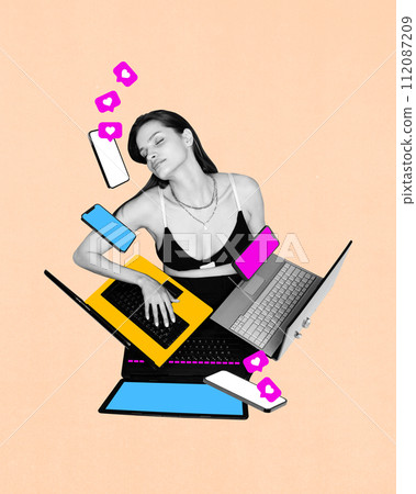 Young woman, social media manager sitting around many gadgets with social media likes. Promotion of online campaign. Contemporary art collage. 112087209