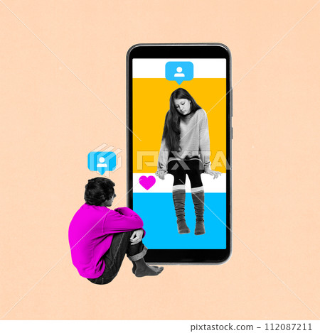 Man sitting and looking at woman on phone screen with comment icons. Contemporary art collage. Online relationship issues 112087211