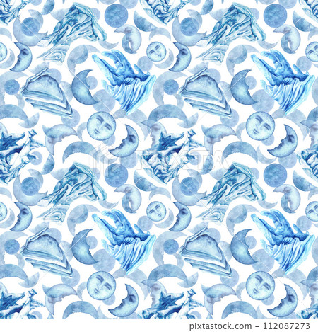 Watercolor seamless patterns with blue icebergs and magic moons for template, clipart for winter holidays, Earth Day, Marine and Ocean life, for scrapbook, stickers, cards, borders, frames 112087273
