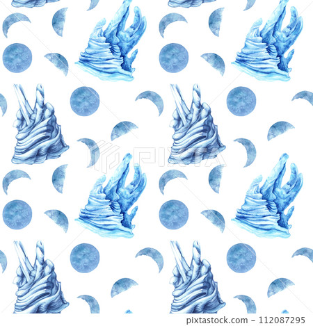 Watercolor seamless patterns with blue icebergs and magic moons for template, clipart for winter holidays, Earth Day, Marine and Ocean life, for scrapbook, stickers, cards, borders, frames Watercolor seamless patterns with blue icebergs and magic moons for template, clipart for winter holidays, Earth Day, Marine and Ocean life, for scrapbook, stickers, cards, borders, frames 112087295