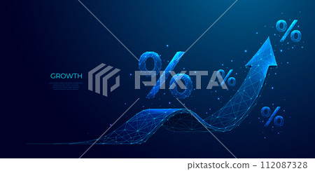 Arrow up and percent polygonal symbols on technology blue background. Arrow up and percent polygonal symbols on technology blue background. 112087328