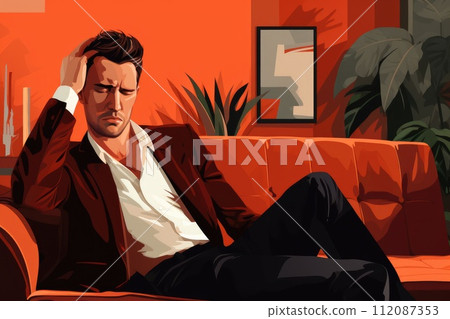 AI-generated content. man with headache sit on couch illustration 112087353