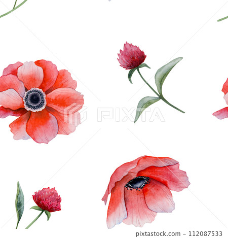 Spring floral watercolor seamless pattern with red poppies and clover on white background. Bright field flowers and wildflowers background for fabric, textile and stationery 112087533