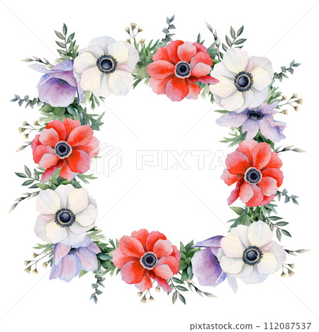 White, red and purple spring field flowers and eucalyptus square frame watercolor isolated illustration. Anemones poppies with wild herbs template for greeting cards, invitations and labels 112087537