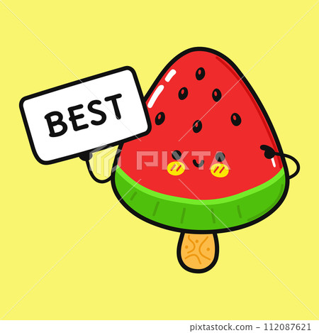 Cute Ice cream with poster best. Vector hand drawn cartoon kawaii character illustration icon. Isolated on yellow background. Ice cream think concept 112087621