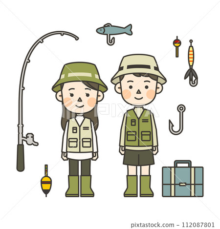 Illustrations of character wearing a fishing outfit Illustrations of character wearing a fishing outfit 112087801