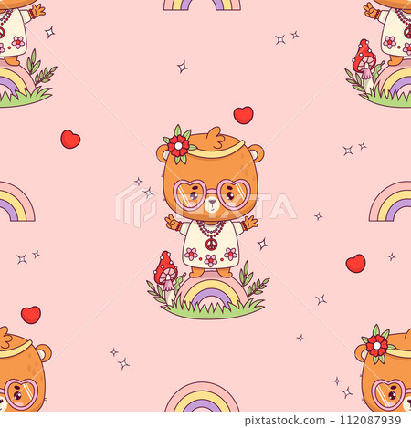 Seamless pattern with cute hippy bear girl on rainbow on pink background. Funny retro groovy kawaii animal character. Vector illustration. Seamless pattern with cute hippy bear girl on rainbow on pink background. Funny retro groovy kawaii animal character. Vector illustration. 112087939