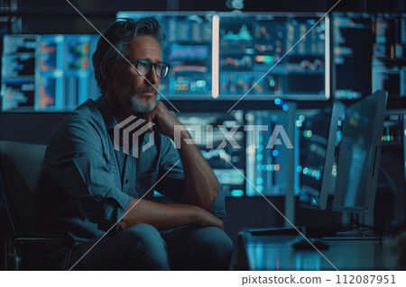 thoughtful computer scientist sitting in front of a computer system thoughtful computer scientist sitting in front of a computer system 112087951