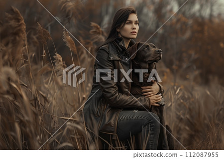 Pretty woman dressed in a brown fur jacket, hugs her dog in the field Pretty woman dressed in a brown fur jacket, hugs her dog in the field 112087955