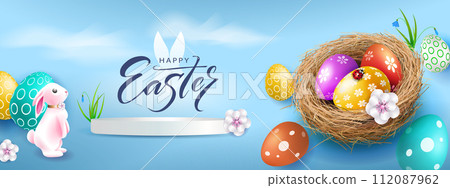 Easter poster with Easter eggs in a nest and a bunny on a light white background Easter poster with Easter eggs in a nest and a bunny on a light white background 112087962