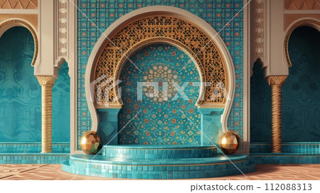 Intricate Arabic Arch Design in a Serene Space 112088313