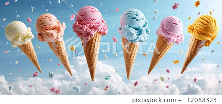 Flying Ice Cream Cones with Colorful Splashes 112088323
