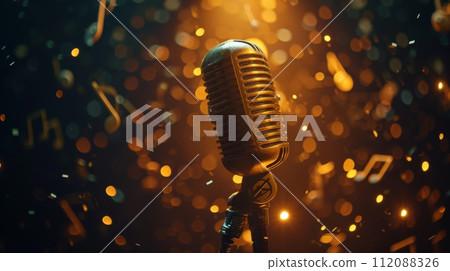 Vintage Microphone with Musical Notes Bokeh Vintage Microphone with Musical Notes Bokeh 112088326
