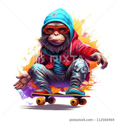 Monkey playing skateboard for Sublimation Printing. Hip hop. Animals. Illustration, Generative AI. 112088469