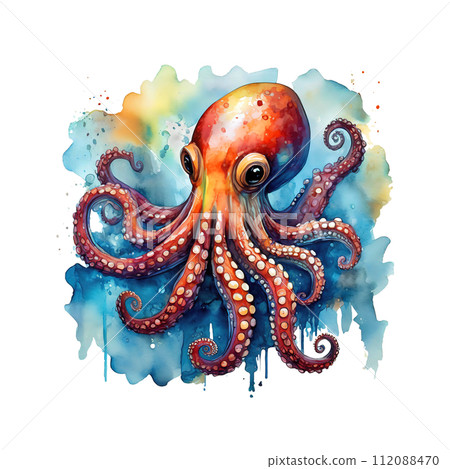 Watercolor painting of an octopus, Undersea animals. Illustration, Generative AI. 112088470