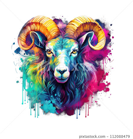 Painting of Big horn sheep head. Farm animals. Clipart for Sublimation Printing. Illustration, Generative AI. 112088479