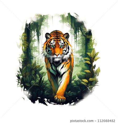 Painting of standing tiger in the forest. Wild Animals. Clipart for Sublimation Printing. Illustration, Generative AI. 112088482