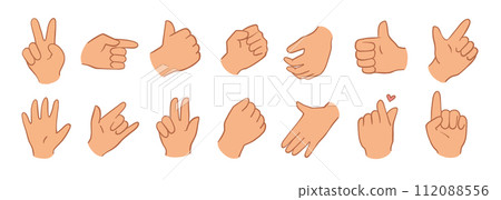 Cartoon hands set. Different gestures pointing, attention, fist, thumbs up. Isolated vector illustration 112088556