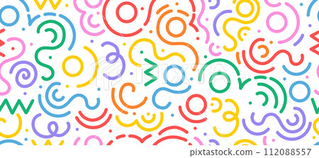 Fun colorful line doodle seamless pattern. Creative minimalist style art background for children or trendy design with basic shapes. Simple party confetti texture, childish scribble shape backdrop Fun colorful line doodle seamless pattern. Creative minimalist style art background for children or trendy design with basic shapes. Simple party confetti texture, childish scribble shape backdrop 112088557