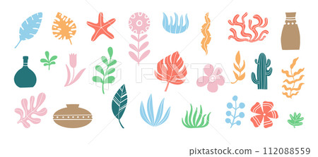 Set of abstract organic shapes inspired by matisse. Plants, cactus, leaf, algae, vase in paper cut collage style. Contemporary aesthetic vector element for logo, decoration, print, cover, wallpaper 112088559