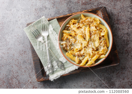 French Onion Style Creamy Pasta with caramelized onions, thyme, garlic and gruyere cheese close-up on a bowl. Horizontal top view French Onion Style Creamy Pasta with caramelized onions, thyme, garlic and gruyere cheese close-up on a bowl. Horizontal top view 112088560