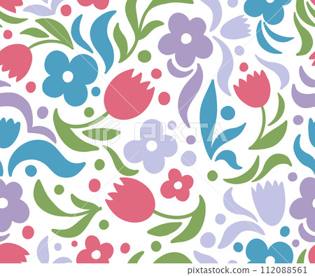Colorful flower seamless pattern illustration. Children style floral doodle background, funny basic nature shapes wallpaper Colorful flower seamless pattern illustration. Children style floral doodle background, funny basic nature shapes wallpaper 112088561