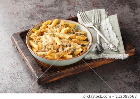 French Onion Style Creamy Pasta with caramelized onions, thyme, garlic and gruyere cheese close-up on a bowl. Horizontal 112088568