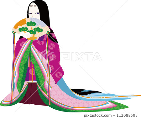 身穿 junihitoe 服裝、手持扁柏扇的女性角色的圖像插圖 112088595