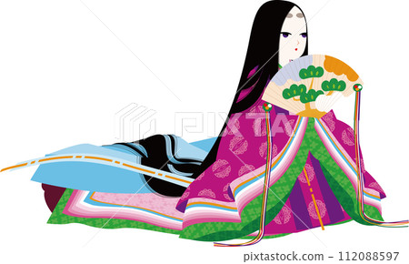 身穿純一長袍、手持扁柏扇的日本貴族女性角色的圖像插圖。 112088597