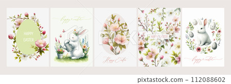 Happy Easter. Vector elegant trendy watercolor illustration of cute Easter bunny with floral wreath, Easter flowers, leaves and branches frame for greeting card, background or invitation. 112088602