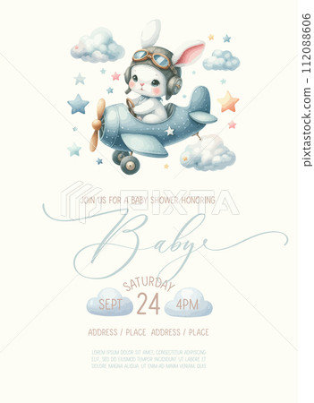 Cute baby shower watercolor invitation card with bunny pilot on an airplane. Cute baby shower watercolor invitation card with bunny pilot on an airplane. 112088606