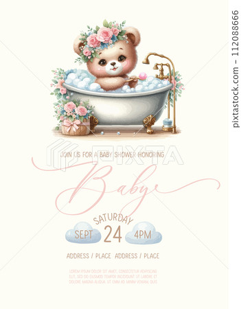 Cute baby shower watercolor invitation card with teddy bear girl takes a bath with foam. Cute baby shower watercolor invitation card with teddy bear girl takes a bath with foam. 112088666