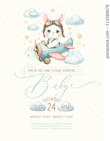 Cute baby shower watercolor invitation card with bunny pilot on an airplane. Cute baby shower watercolor invitation card with bunny pilot on an airplane. 112088678