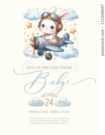 Cute baby shower watercolor invitation card with bunny pilot on an airplane. Cute baby shower watercolor invitation card with bunny pilot on an airplane. 112088687