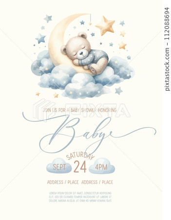Cute baby shower watercolor invitation card with bear sleeping on cloud. 112088694