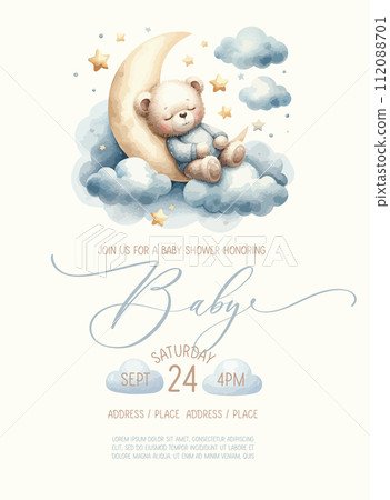 Cute baby shower watercolor invitation card with bear sleeping on cloud. 112088701