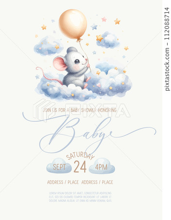 Cute baby shower watercolor invitation card with little mouse on clouds. Cute baby shower watercolor invitation card with little mouse on clouds. 112088714