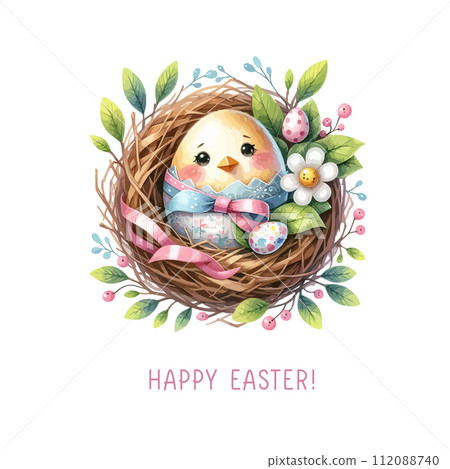 Spring Easter watercolor composition. Easter eggs in nest with flowers. 112088740