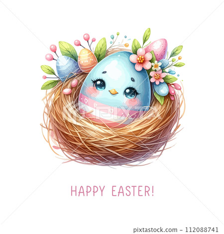 Spring Easter watercolor composition. Easter eggs in nest with flowers. 112088741