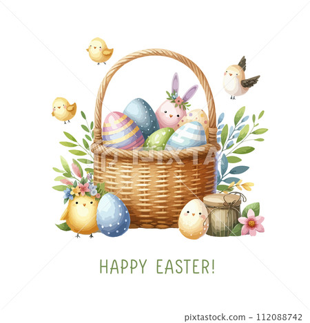 Easter egg in a basket, watercolor composition. Easter egg in a basket, watercolor composition. 112088742