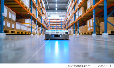 A low-angle view of an autonomous mobile robot moving through the corridors of a warehouse, a key component in modern logistics. A low-angle view of an autonomous mobile robot moving through the corridors of a warehouse, a key component in modern logistics. 112088801