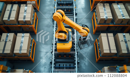 A top down view of a robotic arm in action, systematically sorting packages on a conveyor in a high tech automated warehouse system. A top down view of a robotic arm in action, systematically sorting packages on a conveyor in a high tech automated warehouse system. 112088804