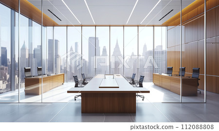 A spacious and contemporary corporate boardroom, featuring a large table, executive chairs, and a breathtaking panoramic view of the city skyline through floor-to-ceiling windows. 112088808