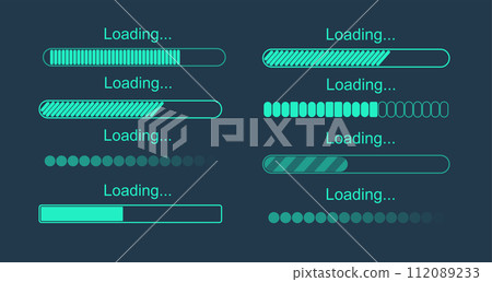 Futuristic progress loading bar. Set of indicators. Download progress, web design template, interface upload. Vector 112089233